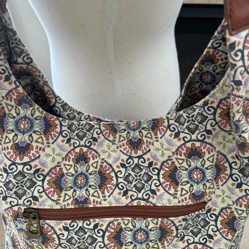 Sakroots Atlas Hobo Mosaic Cambria Print Hobo Bag with Brown Leather Straps